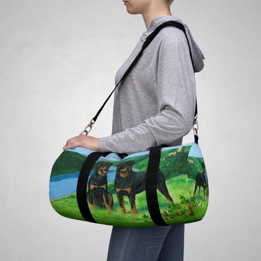 Rottie duffel bag on person